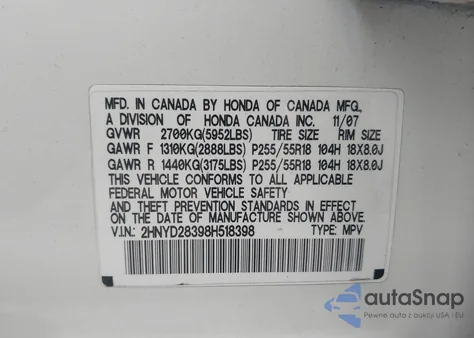 2008 Acura Mdx Technology Package from USA, damaged, VIN 2HNYD28398H518398